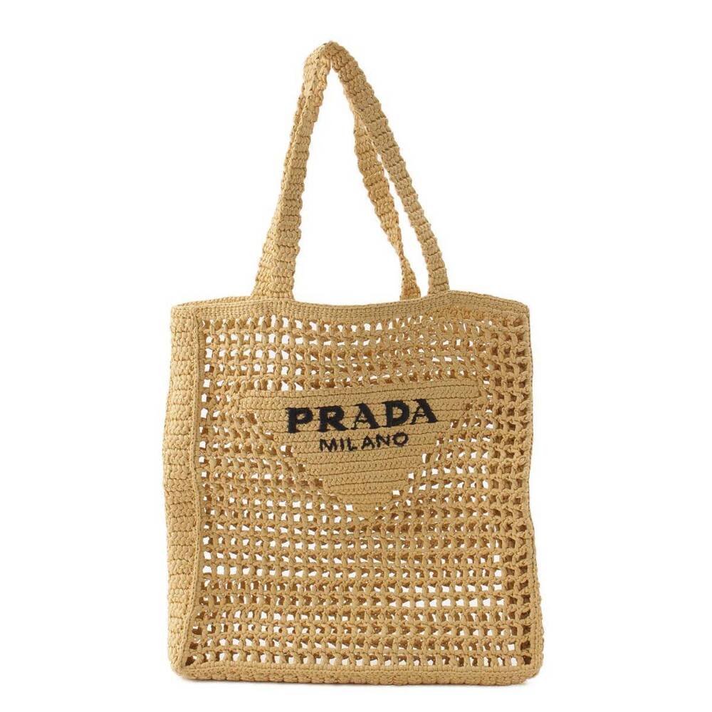 Prada Crochet Raffia Bag Beige Logo Tote Triangle - Picture 2 of 6